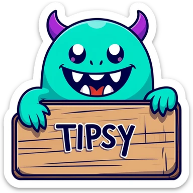 Fantasy tavern wooden sign with "Tipsy Mimic" name, with monster teeth and tongue sticker