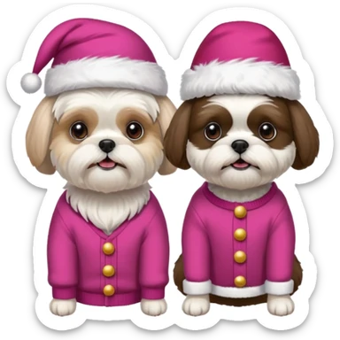 two dogs one little white all over shih tzu dog with pink santa hat and one bigger mostly white with black havanese dog wearing red christmas sweater and red christmas hat sticker