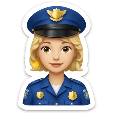 A light-skinned woman with short curly blonde hair, wearing a navy police hat with a badge, and a calm smile. sticker