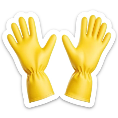 pair of bright rubber gloves with long cuffs and slightly curved fingers, suggesting flexibility and grip, vibrant yellow color, soft matte finish, gentle creases indicating use, no sponge, soap, or sink, soft lighting, subtle shadows, emoji scale sticker