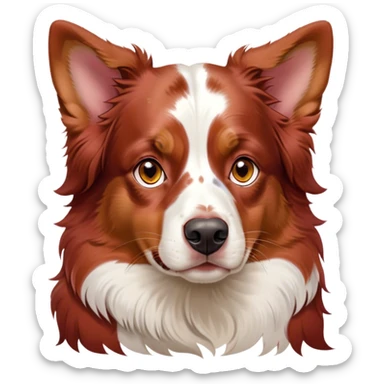 Cinematic Noble Red Merle Australian Shepherd Portrait Emoji, Poised and regal, with a strong, agile build and a stunning red merle coat accented by subtle splashes of darker red and white, piercing amber eyes, Simplified yet sharp and sophisticated features, highly detailed, glowing with a soft, dignified glow, high shine, intelligent and loyal, stylized with an air of strength, focused and attentive, soft glowing outline, capturing the essence of a watchful and confident herder, so majestic it feels as though it could step out of the screen with effortless authority! sticker