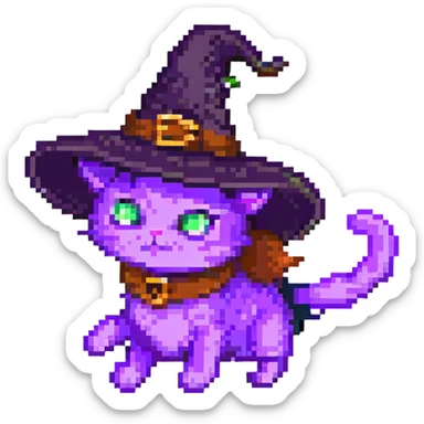 Make the purple witch cat with a hat fly in pixel art style with no background, transparent background. sticker