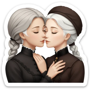 eyes closed lesbian kiss between modest Victorian women, one with white hair and one with brown hair, wearing dark outfits sticker