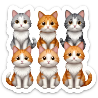 6 cats with different coloured coats, 2 are grey and white, 1 is grey with a little white, 1 calico, 1 brown tabby and white and one ginger and white sticker