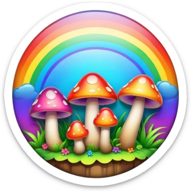 A round psychedelic colored button with bezeled edges and rainbow colored mushrooms sticker