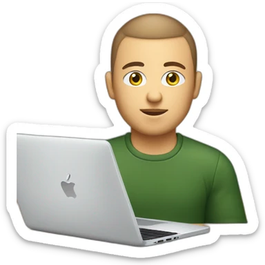 software engineer (white male, brown buzz cut hair, white gold earrings) in front of laptop, apple-style sticker
