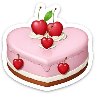 A light pink, heart-shaped cake, topped with two cherries and cream. sticker