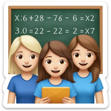 Mexican brown haired girl, white blond haired girl, and white brown haired girl all trying not to laugh while doing math sticker