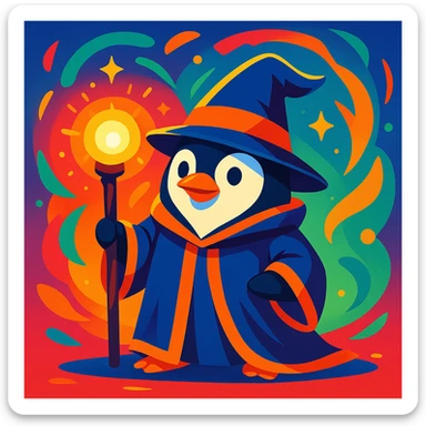 penguin wizard with magical staff, fantasy theme, vibrant colors sticker