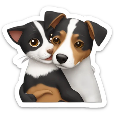 Black tabby cat hugging brown Jack Russell dog hugging sticker