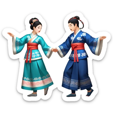 Cinematic Realistic scene of two performers engaging in Ganggangsullae, dressed in traditional Korean costumes with intricate patterns and graceful movements, illuminated by soft, festive lighting that accentuates the cultural ambiance sticker