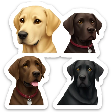 Two Labradors together, the black Labradors has a burgundy collar and the yellow Labrador has a beige collar  sticker