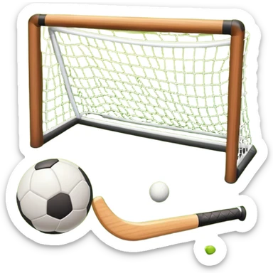 field hockey stick and ball on green grass field with goalposts sticker