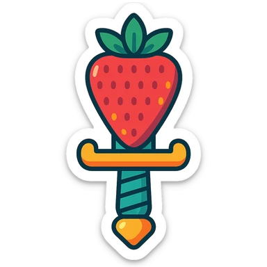 a strawberry shaped like a sword, fun and creative style, playful, colorful, vibrant toon style sticker