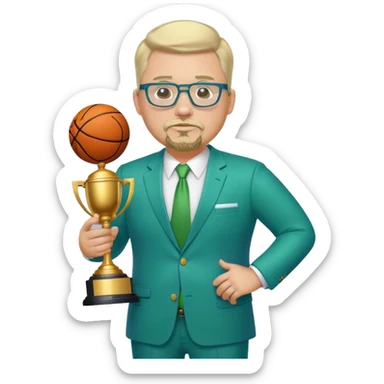 Full Body white fat male  wearing glasses with a goatee with light blonde gray very short hair basketball head Coach in blue and green suit holding trophy sticker