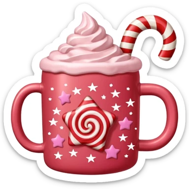 hot chocolate in red and pink pastel christmas mug with stars and candy cane, trendy aesthetic sticker