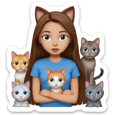 a pretty bratz dusky light skin girl with long brown hair, blue eyes with six cats nd wearing a grey tshirt sticker