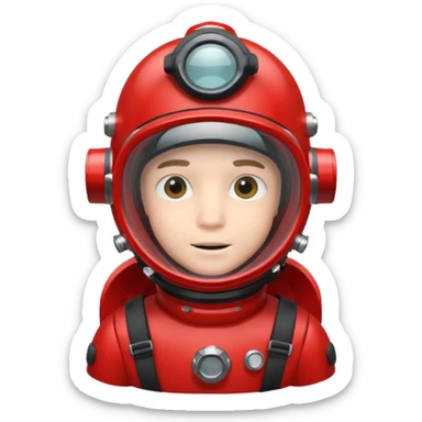 a boy  wearing a red scuba diving helmet with glass visor sticker