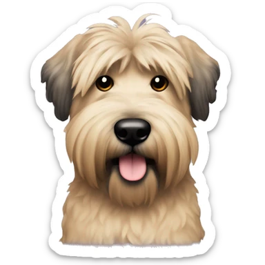 Wheaten terrier with long fluffy hair, black ears and black chin sticker