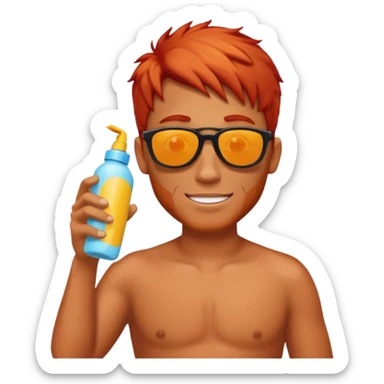 male red haired with suncream bottle and sunglasses, with sun burned sticker
