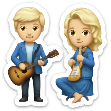 een blonde jongen met een blauwe badjas en een blauwe gitaar die op een stoel zit sticker