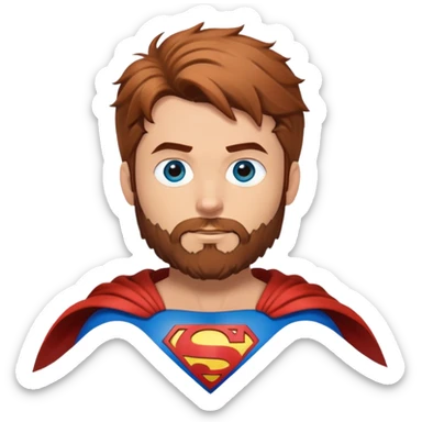 Flying superman costume with shaggy redish brownish hair, blue eyes no capacity full scruffy beard sticker