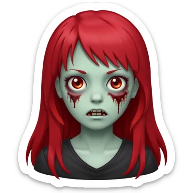 zombie girl, with dark, long red hair and bangs on forehead. Emoji in iOs style. sticker