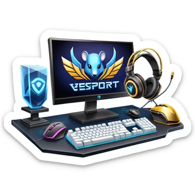An icon featuring a gaming setup with a high-tech monitor displaying a competitive game, a keyboard, and a gaming mouse. The design includes a headset and a trophy, symbolizing victory and skill in esports. Transparent background highlights the energy and precision of professional gaming. sticker
