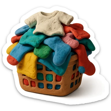 overflowing laundry basket, mix of socks and t-shirts, playful look, claymation style sticker