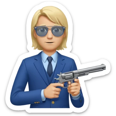 A blond man in a blue suit with a Colt pointing forward. The audience , and long hair and Rayban glasses sticker