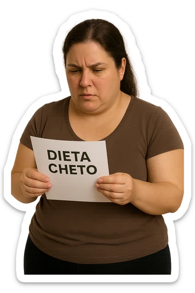 donna realistica leggermente in sovrappeso che legge un foglio con la scritta "dieta Cheto", sfondo bianco, iperrealistica 4k, IPERREALISTICA 4K sticker