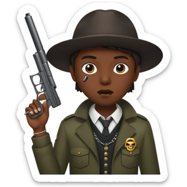 Blunt in mouth. Dress like yn. Holding a gun sticker