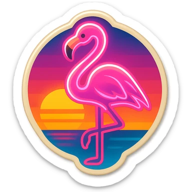 emoji inspired by Miami Vice, pink flamingo, neon lights, sunset background sticker