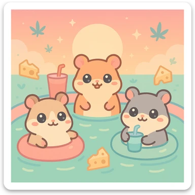 Discord server icon, square, super cute pool party at sunset with up to 3 hamsters, weed, cheese, THC theme, no disco ball, vaporwave style, pastel neon colors, dreamy gradients, sparkles, nostalgic, fun, inviting, summer party vibe, clear composition sticker