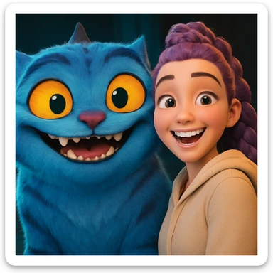 Change the girl's expression to happy with a big smile and bright eyes, keep the style and character the same, only modify her eyes and mouth. sticker