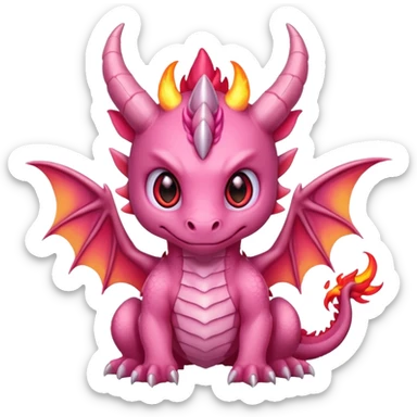 cute pink baby dragon, small flames, glowing eyes, horns and wings, epic fantasy kawaii style, strong aura, bold outline, transparent background, twitch emote sticker