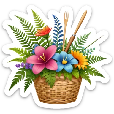 Icon for Floristry: a bouquet of flowers in a woven basket, with reeds, ferns and floral arranging tools nearby, like scissors and a flower stem. The icon should represent creativity in flower design and arranging. Transparent background. sticker