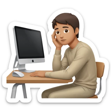 emoji of a man sitting at the table with an imac on it, a man is sitting in a very thoughtful pose, he has his hands on the table and his head resting on them sticker