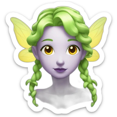 bust of a pale fairy with purple hair in a cascading braid and translucent yellow wings and green eyes sticker