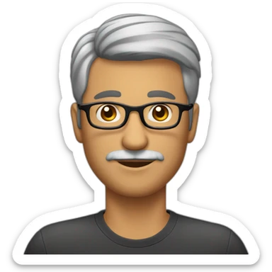 Hombre 40 años, cabello negro y algunas canas, con lentes, pelo corto, sin barba ni bigote, con camisa sticker