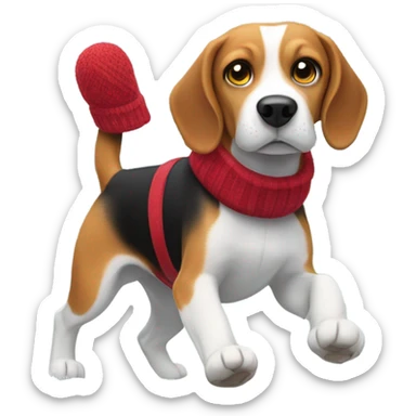 Beagle with red winter clothes and snowball fight sticker