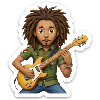 Bob Marley with dread locks play electric guitar in form heraldic crest sticker