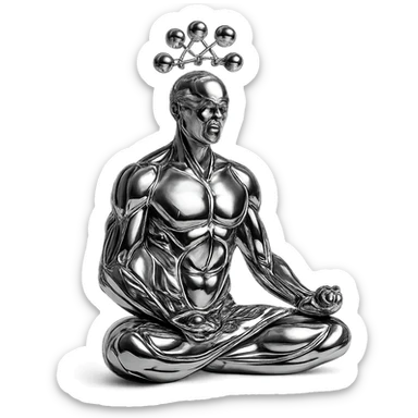 chrome style figure of a man meditating in the lotus position, with several reflective chrome spheres floating above his head in a net-like arrangement, highly metallic sticker