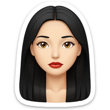Emoji-style illustration of a sexy, confident woman with long straight black hair, smooth skin, full lips, and striking eyes. Minimal or transparent background. sticker