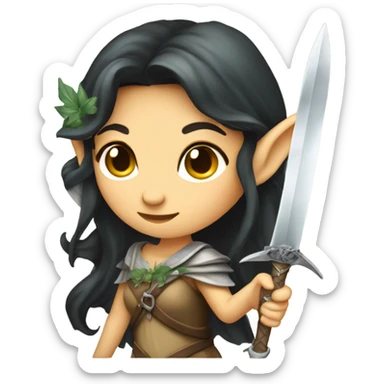 Female middle eastern, forest fairy, wings, pointed elf ears, dark hair, vines, holding medieval sword sticker