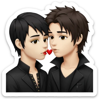 Goth Boys, one goth boy pale with shaggy brown hair and makeup, the other a goth boy tan with long black hair, kissing sticker