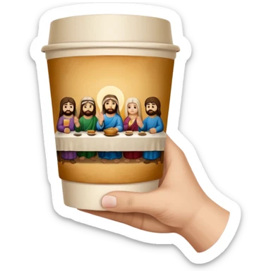 una mano con un bicchiere di carta con dipinto sopra l'ultima cena sticker