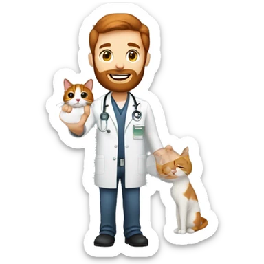 Veterinarian, man around 30-35, with redhead cat on his hand. Man with beard, dark brown hair sticker