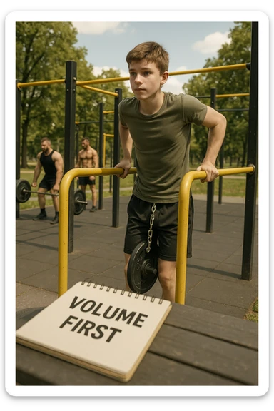 Atleta neofita giovane in un parco attrezzato per streetlifting, fisico ancora in fase iniziale. È intento a eseguire molte ripetizioni di esercizi a corpo libero con pesi leggeri (zavorra moderata), come trazioni e dip su parallele. Accanto a lui un taccuino di allenamento con la scritta 'Volume First'. L’atmosfera è luminosa e motivante, con altri atleti più muscolosi che sollevano carichi pesanti, ma lui è concentrato sul gesto tecnico e sulla costanza. Stile realistico, colori naturali, messaggio educativo su priorità all’adattamento progressivo e al volume. sticker