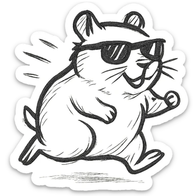 unique, hand-drawn modern semi-realistic hamster with cool glasses, running energetically, solid black background, personally illustrated style sticker